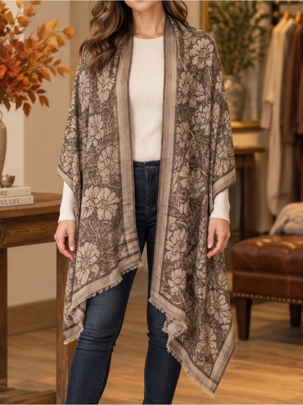 Brown Floral Throw Blanket Wrap/Shawl